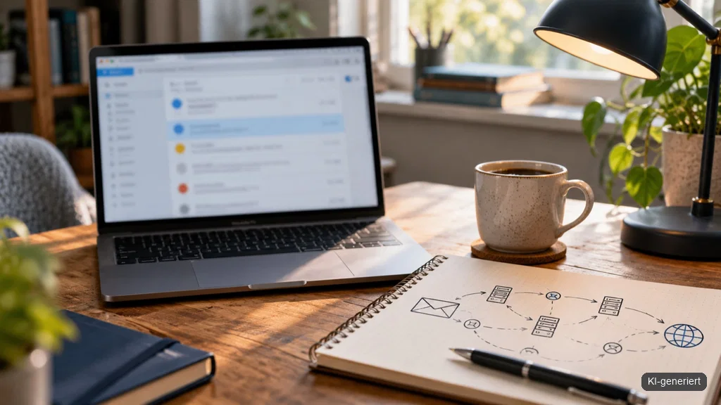 Laptop mit E-Mail-Headern und technischen Notizen auf einem Schreibtisch