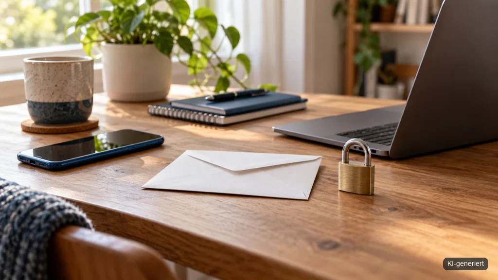 Umschlag, Smartphone und Laptop als Symbol für E-Mail-Sicherheit