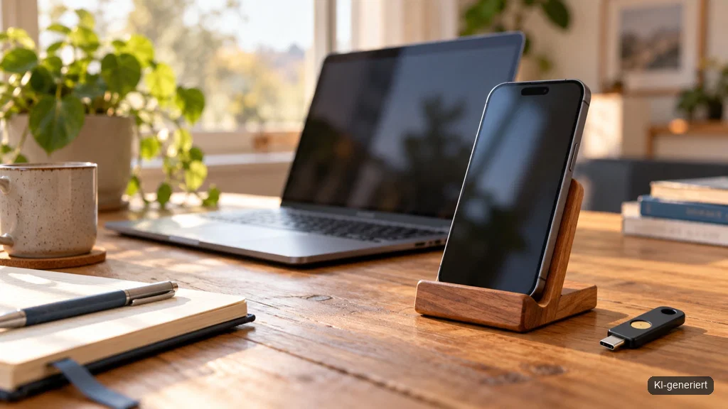 Smartphone mit Passkey-Anmeldung und Sicherheitsschlüssel