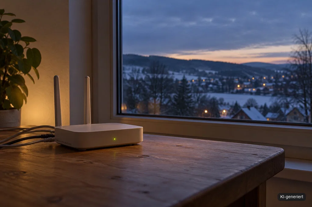 Router am Fenster mit Blick auf eine verschneite Landschaft als Symbol für Webhosting