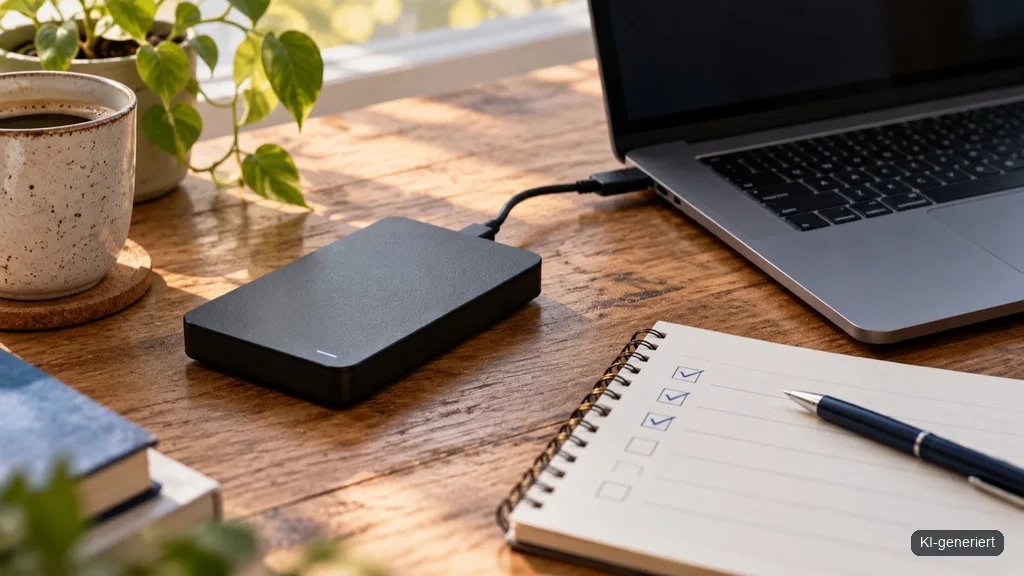 Externe Festplatte und Notizbuch als Symbol für WordPress-Backups
