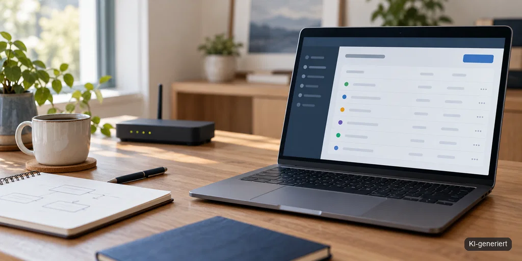 Laptop mit neutraler DNS-Konfigurationsübersicht und Router