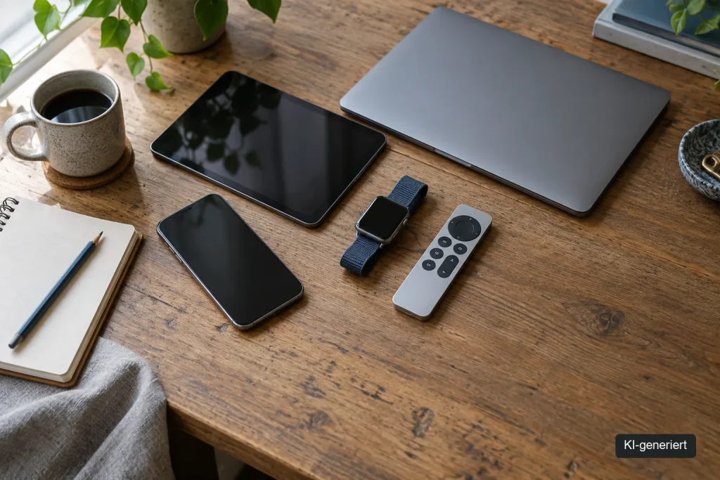 Smartphone, Tablet, Laptop, Smartwatch und TV-Fernbedienung auf einem Holztisch