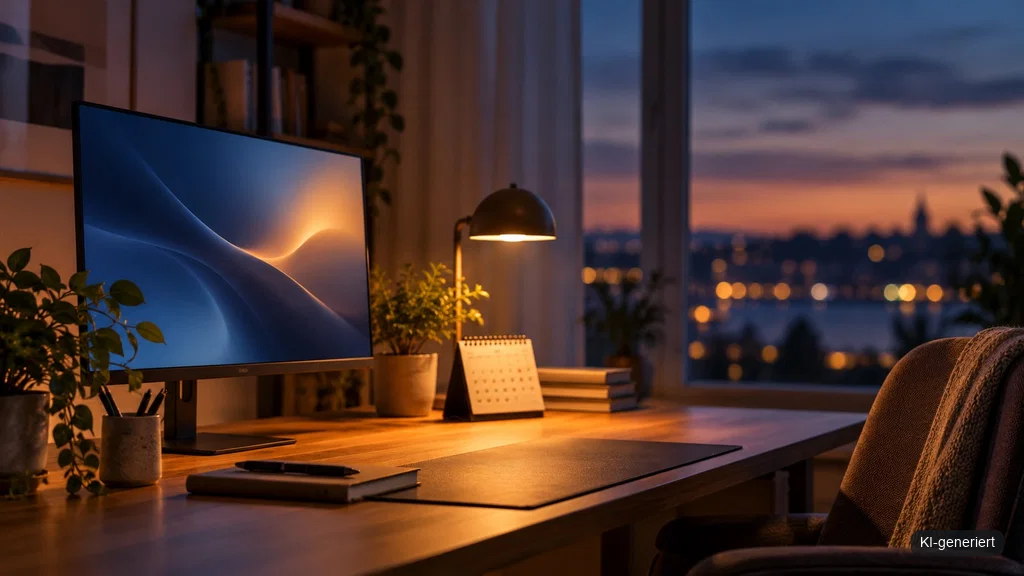 Ruhiger Arbeitsplatz mit Bildschirm, Lampe und Kalender als Symbol für einen angekündigten Apple-Termin