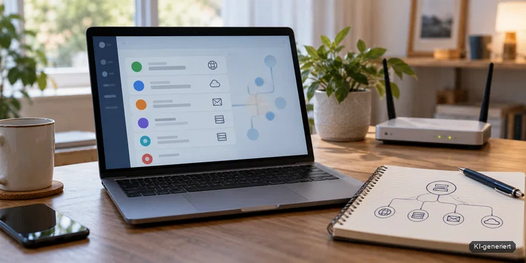 Laptop mit DNS-Übersicht, Netzwerkdiagramm und Router