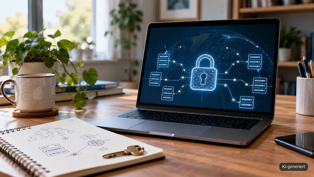 Laptop mit digitalem Schloss und vernetzter DNS-Sicherheitsübersicht