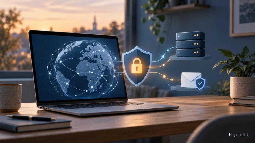 Laptop mit abstrakten Symbolen für DNS-, TLS- und E-Mail-Sicherheit