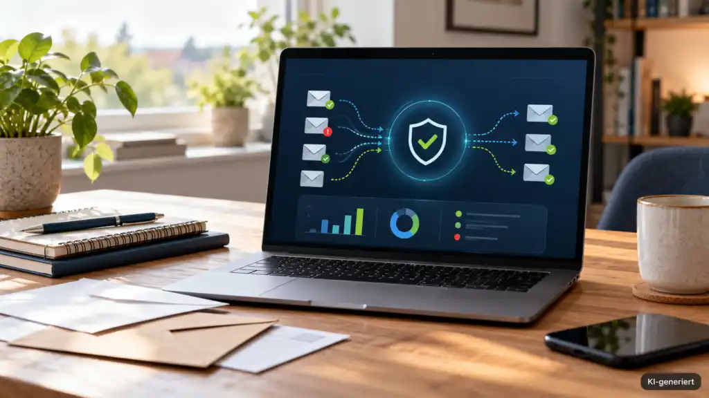 Hornetsecurity-E-Mail-Sicherheit mit Nachrichtenfluss und Schutzschild auf einem Laptop