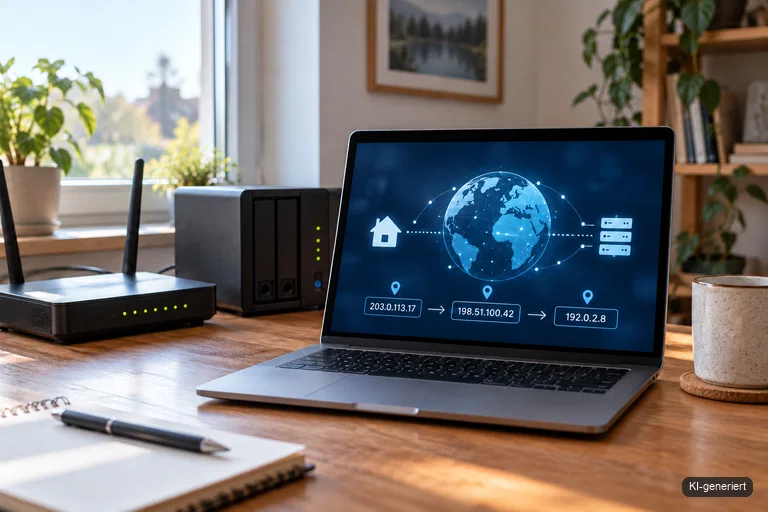 Router, NAS und Laptop mit einer Darstellung wechselnder IP-Adressen im Netzwerk