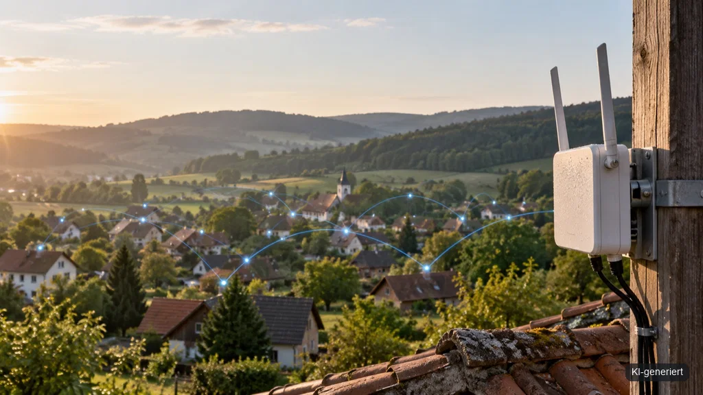 WLAN-Mesh-Netzwerk mit Freifunk-Zugangspunkt über einer Landschaft