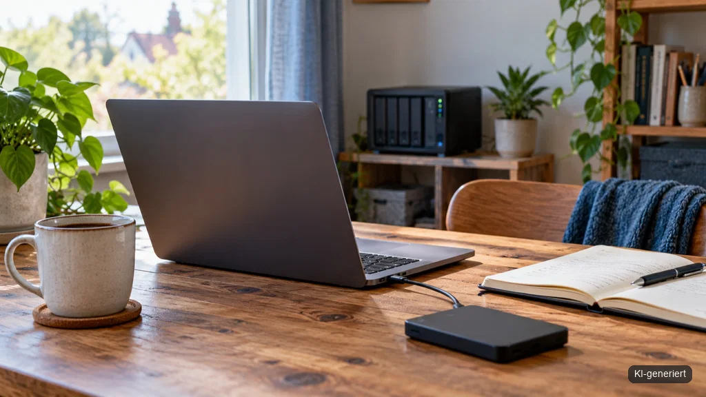 Laptop und Servertechnik auf einem Schreibtisch als Symbol für Webhosting und Backups