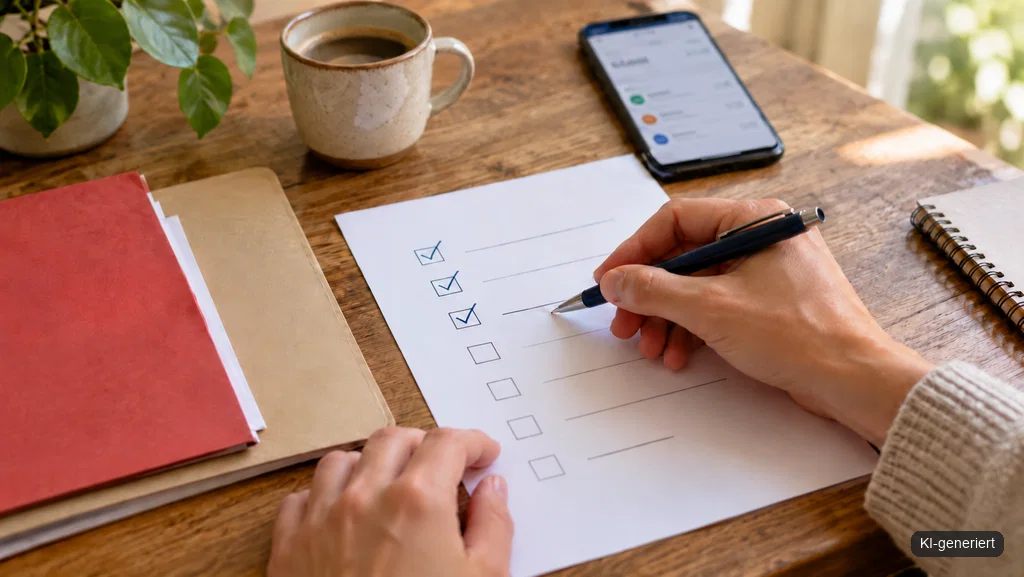 Hände prüfen eine Checkliste für den Kontowechsel neben Smartphone und Kaffee