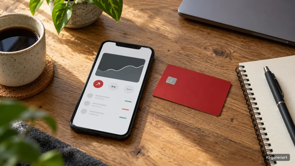 Smartphone mit symbolischer Banking-Ansicht, rote Karte und Notizbuch auf einem Holztisch