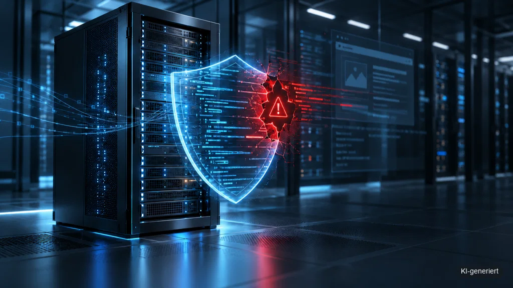 Serverrack mit leuchtendem Sicherheitsschild und Warnsymbol zur kritischen PHP-Sicherheitslücke in Plesk