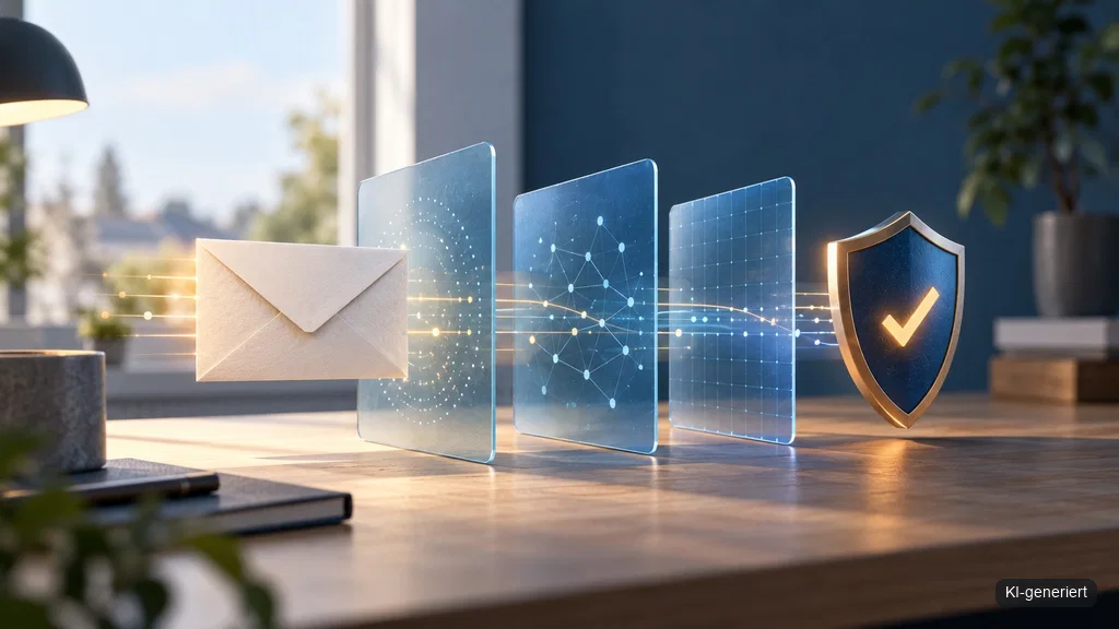E-Mail mit drei abstrakten Sicherheitsebenen und Schutzschild