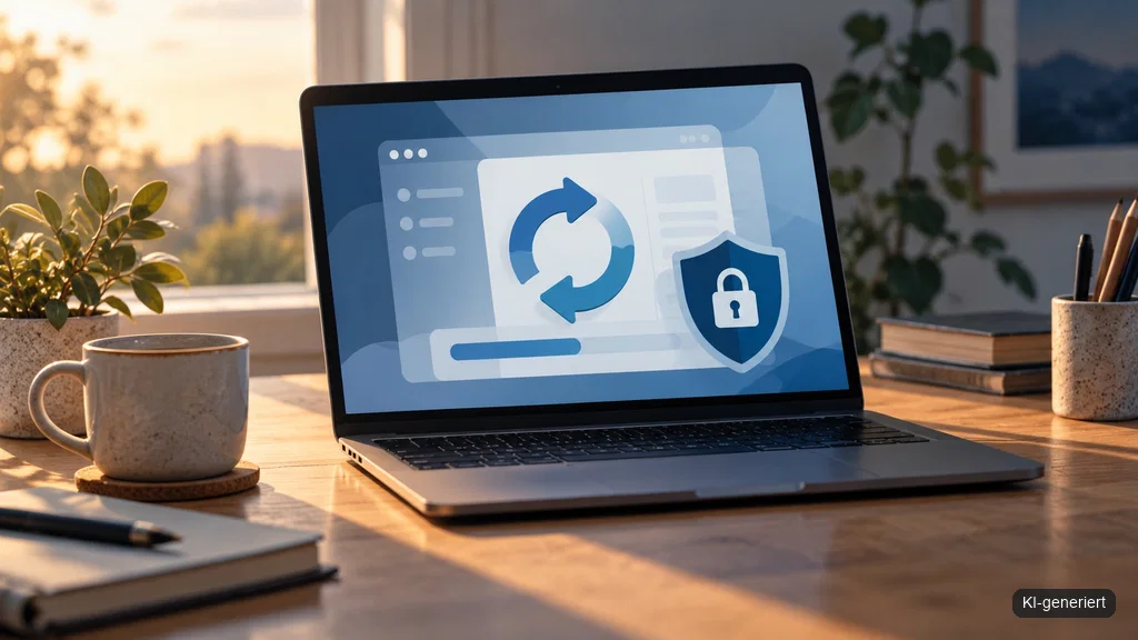Laptop mit abstraktem Website-Update und Sicherheitsschutz