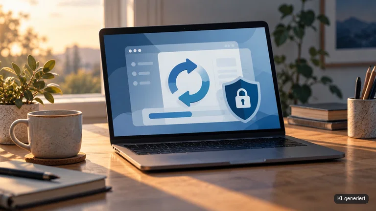 Laptop mit abstraktem Website-Update und Sicherheitsschutz