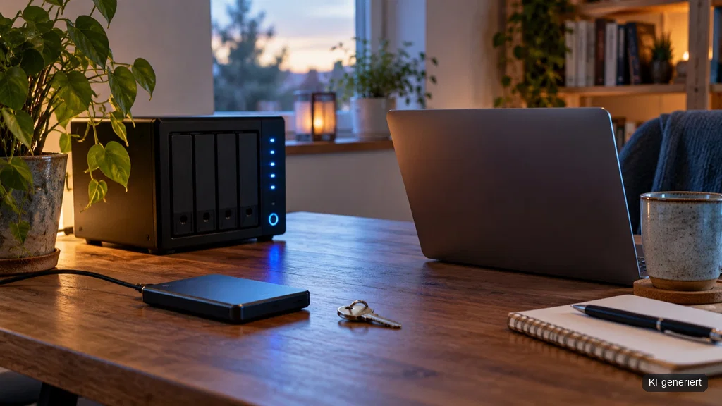 Monitor mit WordPress-Sicherheitsupdate, Server und Backup-Laufwerk